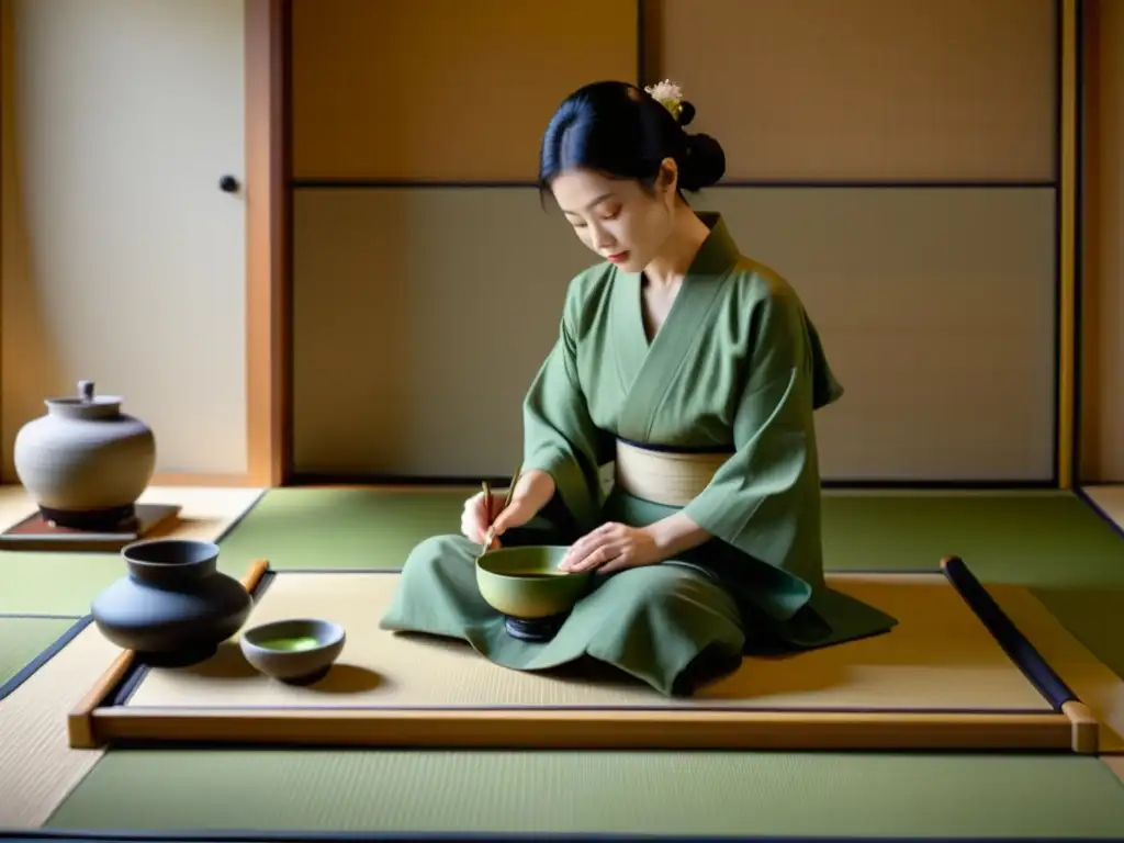 Una ceremonia del té japonesa en una sala minimalista de tatami, con una maestra del té vistiendo kimono