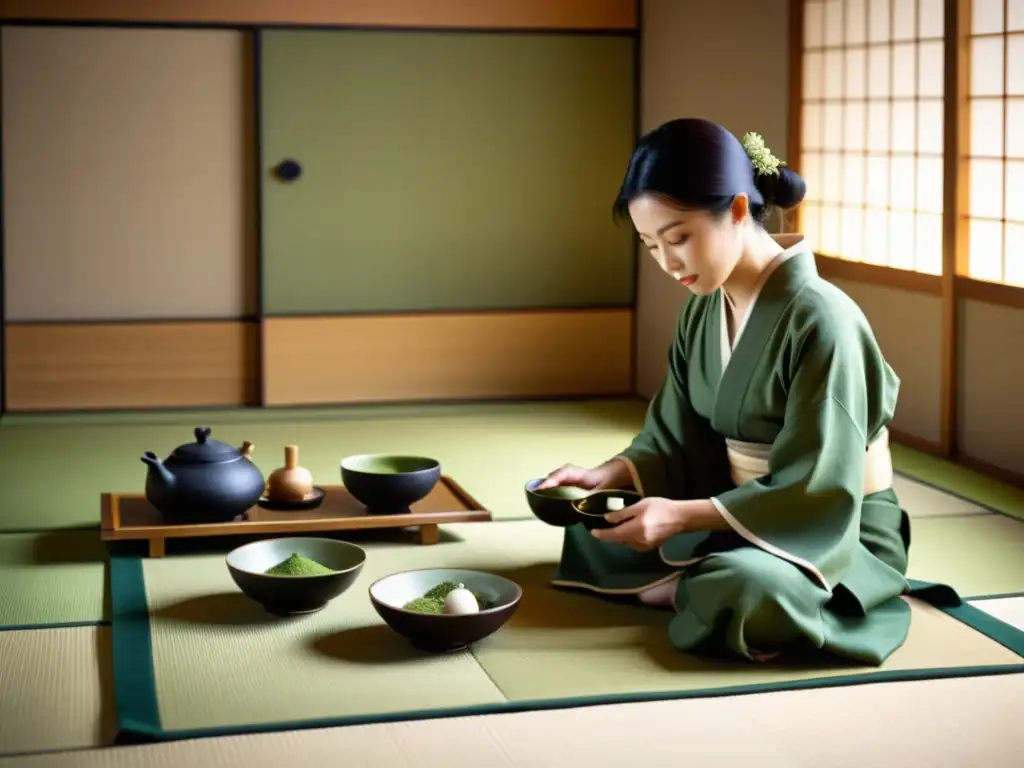 Una ceremonia del té japonesa en una sala minimalista con descendientes de samuráis en Japón, mostrando elegancia y tradición