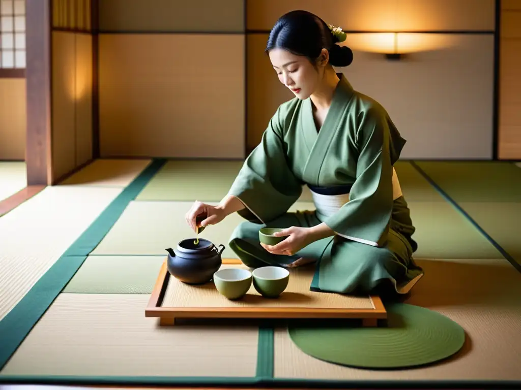 Una ceremonia del té japonesa en una sala minimalista y serena con filosofía samurái y legado confuciano