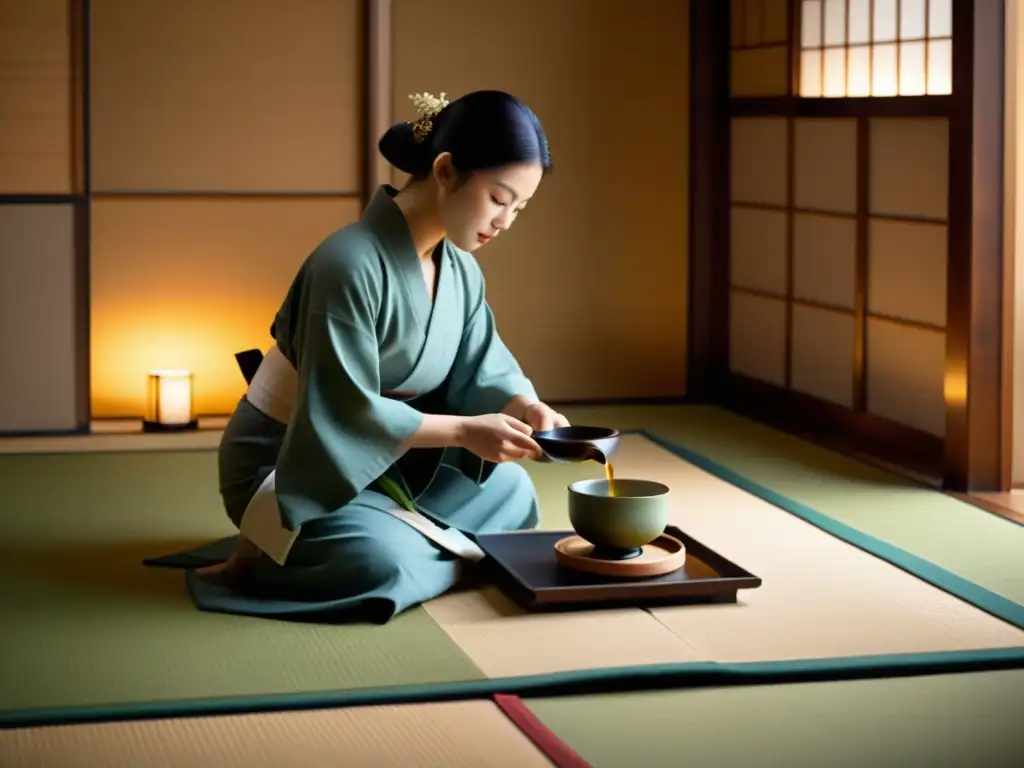 Una ceremonia del té japonesa en una sala tatami serena