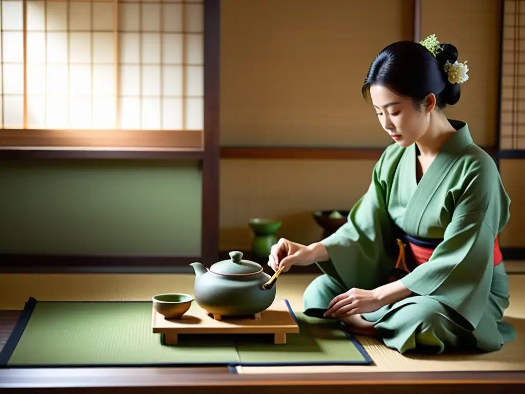 Una ceremonia del té japonesa en una sala serena