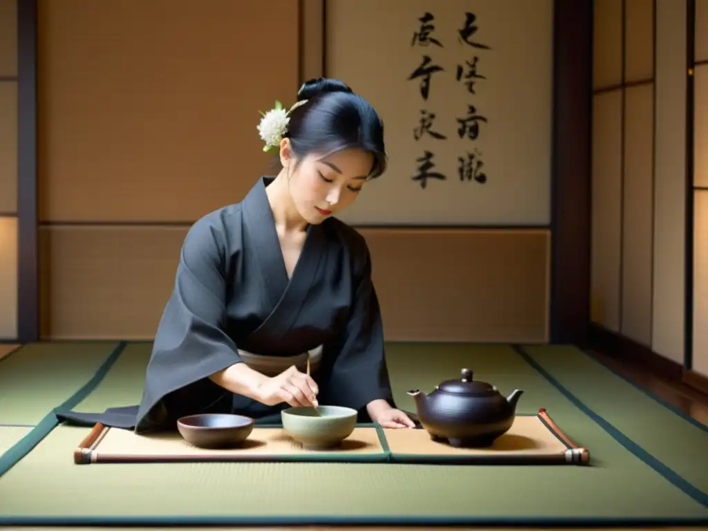 Una ceremonia del té japonesa se desarrolla en una sala serena de tatami