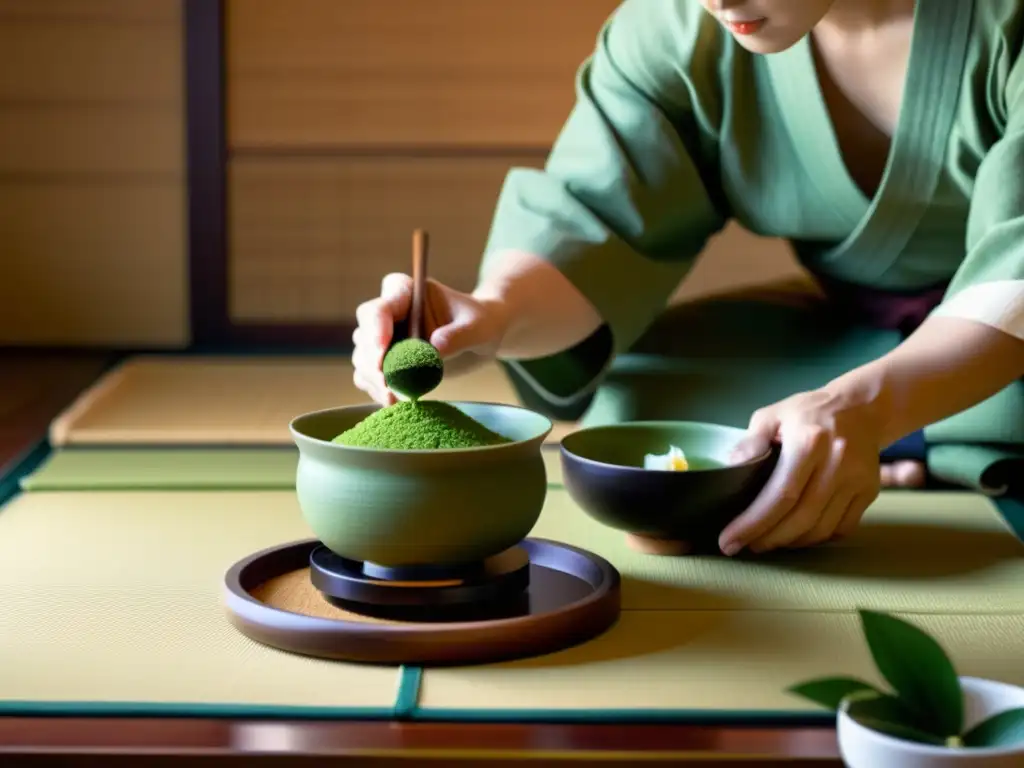 Una ceremonia del té japonesa en una sala serena de tatami, capturando la esencia del arte y filosofía samurái contemporánea