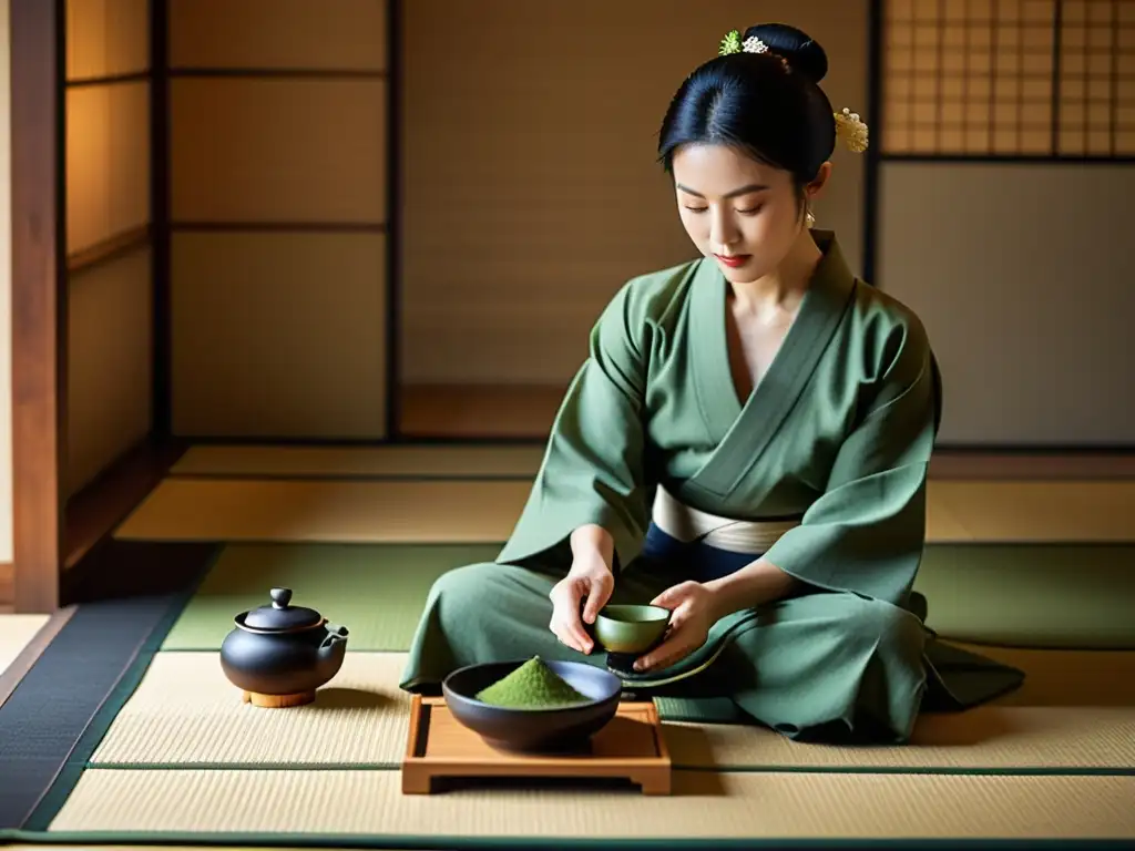 Una ceremonia del té japonesa en una sala serena con influencia contemporánea de la jerarquía samurái