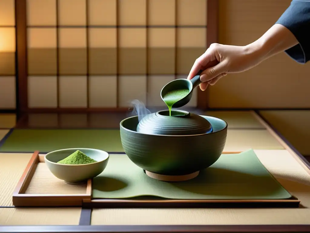 Una ceremonia del té japonesa en una sala serena de tatami, con el maestro sirviendo matcha humeante en cuencos de cerámica