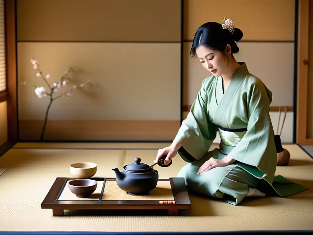 Una ceremonia del té japonesa se desarrolla en una sala de tatami bellamente decorada, con la filosofía samurái y el pensamiento confuciano en armonía