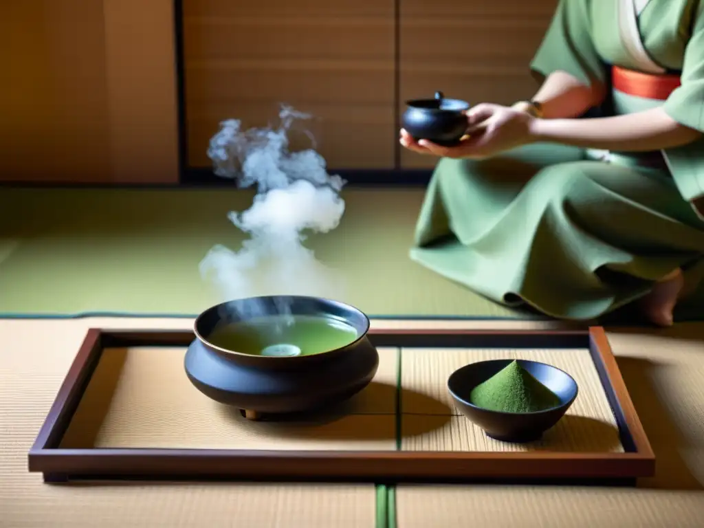 Una ceremonia japonesa del té en una sala de tatami, reflejando la filosofía del código del samurái con su tranquilidad y armonía