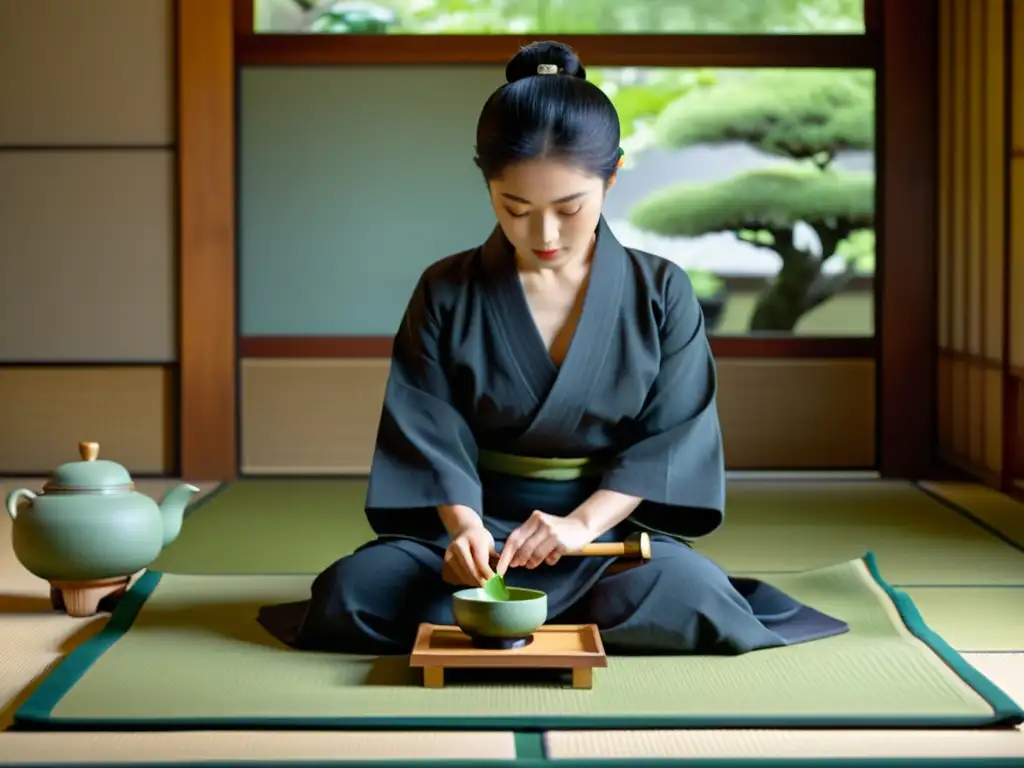 Una ceremonia del té japonesa en una sala de tatami serena, donde un anfitrión con kimono prepara matcha con movimientos precisos