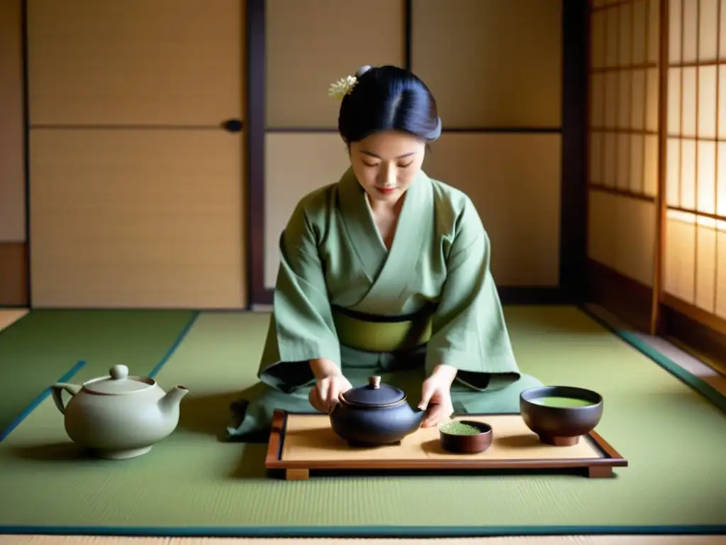 Una ceremonia del té japonesa en una sala tatami serena, con el maestro del té sirviendo matcha