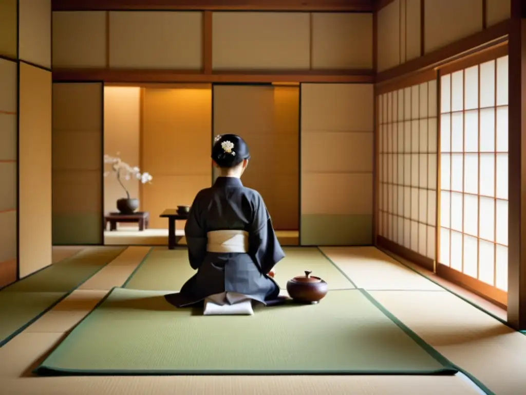 Una ceremonia del té japonesa en una sala de tatami serena, con un maestro realizando movimientos precisos y elegantes