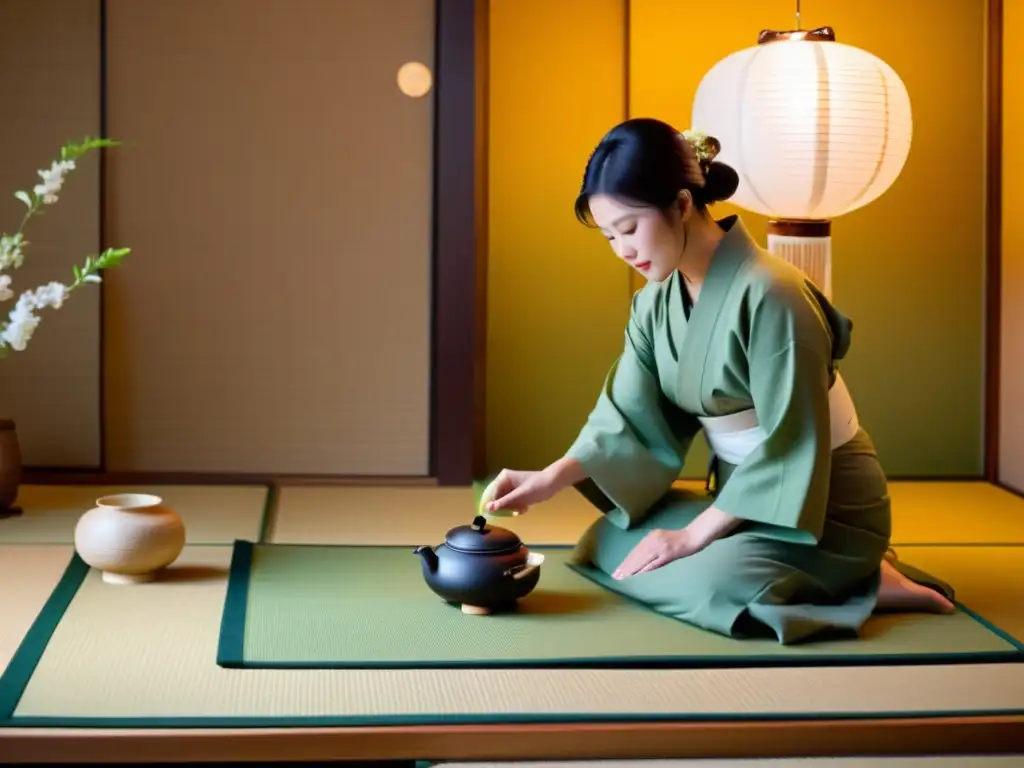 Una ceremonia del té japonesa en una sala de tatami serena, con anfitrión vertiendo té verde humeante en tazas de cerámica mientras los invitados se arrodillan en silencio respetuoso, rodeados de hermosos arreglos florales y pergaminos de caligraf