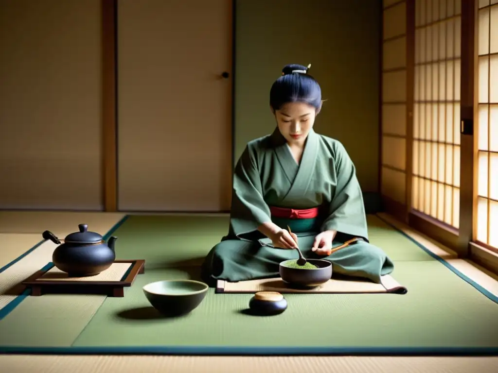 Una ceremonia del té japonesa en una sala tatami, con samuráis, muestra una tradición cultural