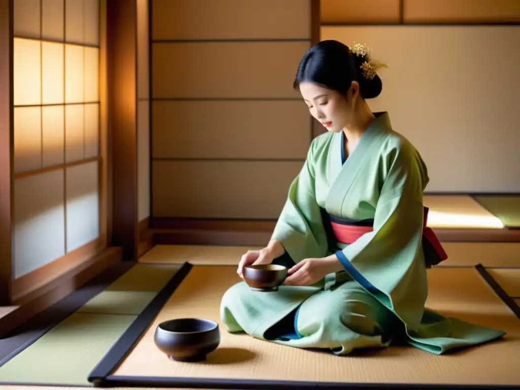 Una ceremonia del té japonesa en una sala tradicional de tatami, con el legado samurái en la atmósfera