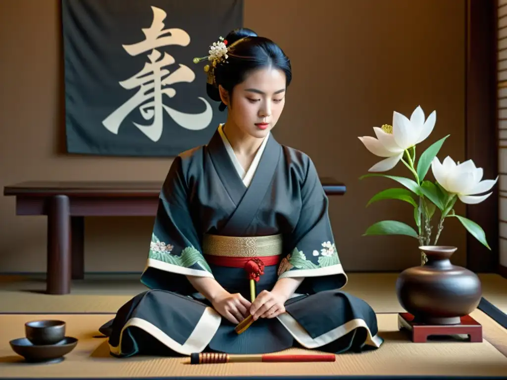 Una ceremonia del té japonesa con una samurái femenina sosteniendo un Tanto, rodeada de decoración floral y ornamentos tradicionales