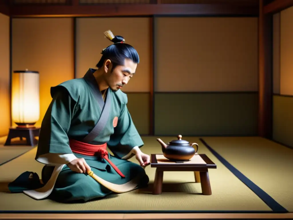 Una ceremonia del té japonesa con un samurái, fusionando gracia y disciplina