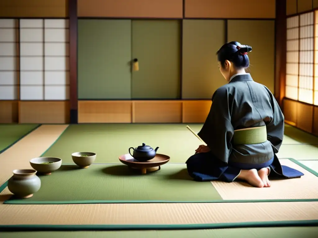 Una ceremonia del té japonesa con samuráis en la literatura del siglo XIX, en un ambiente sereno y tradicional con luz natural suave