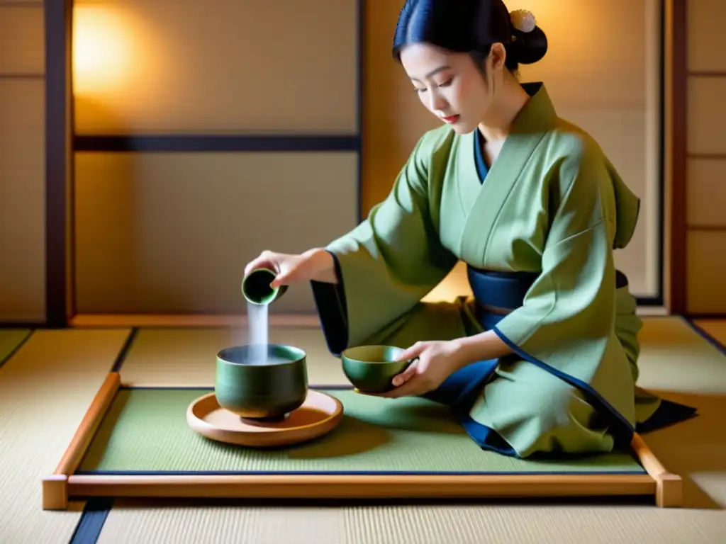 Una ceremonia del té japonesa en una serena habitación tatami, con una anfitriona en kimono vertiendo matcha en tazas de cerámica