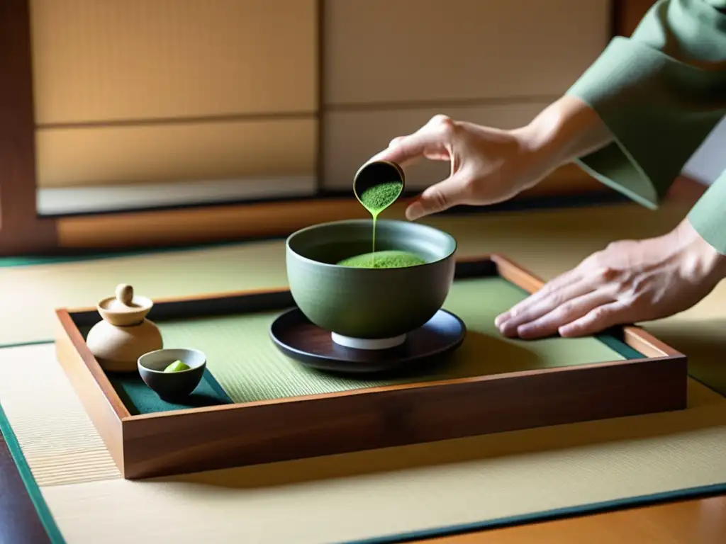 Una ceremonia del té japonesa en una serena habitación tatami, exudando la estética cultural de la gastronomía samurái