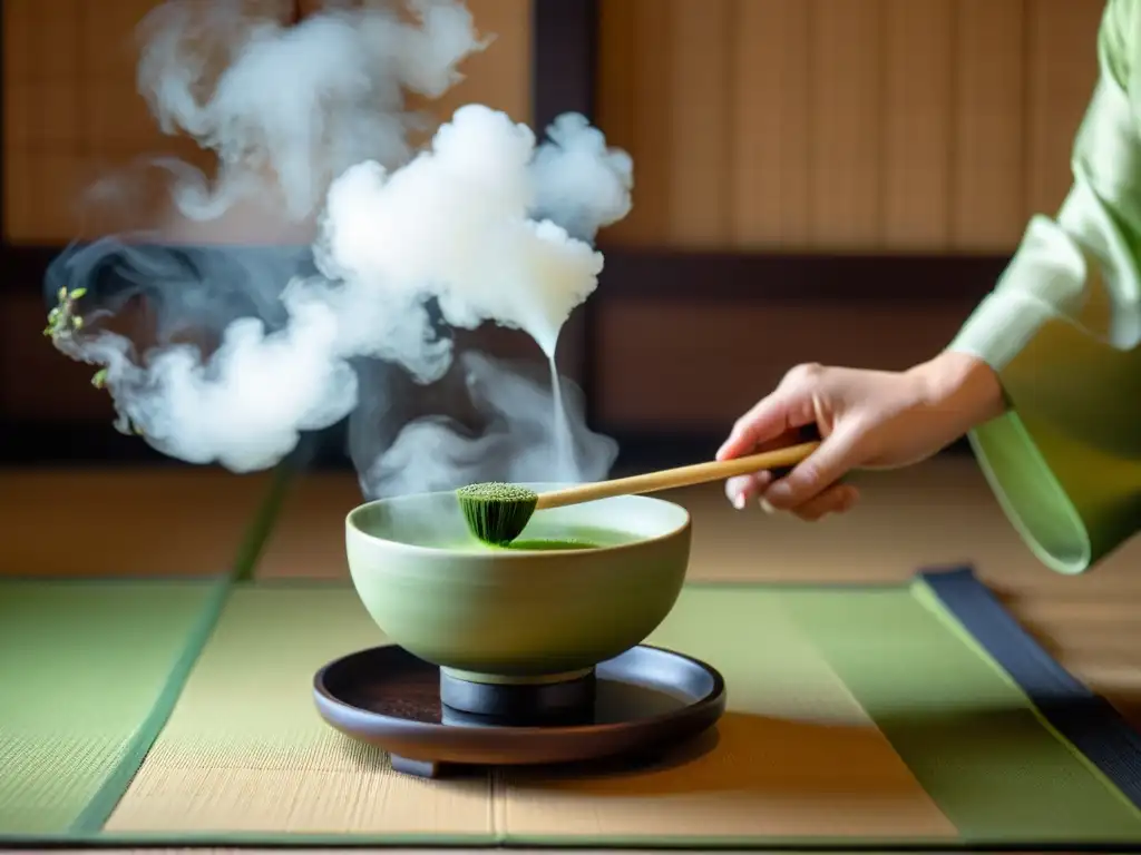 Una ceremonia del té japonesa en una serena habitación tatami, con legado samurái en la atmósfera