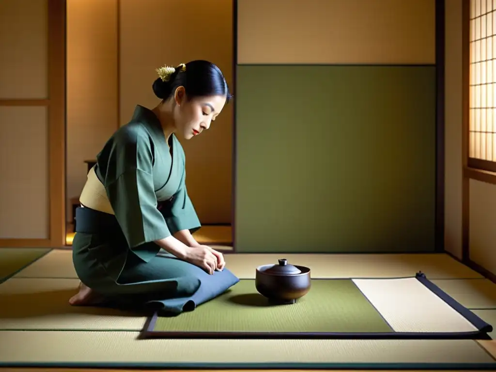 Una ceremonia del té japonesa en una habitación tatami serena, donde una maestra del té de kimono prepara matcha con movimientos meticulosos