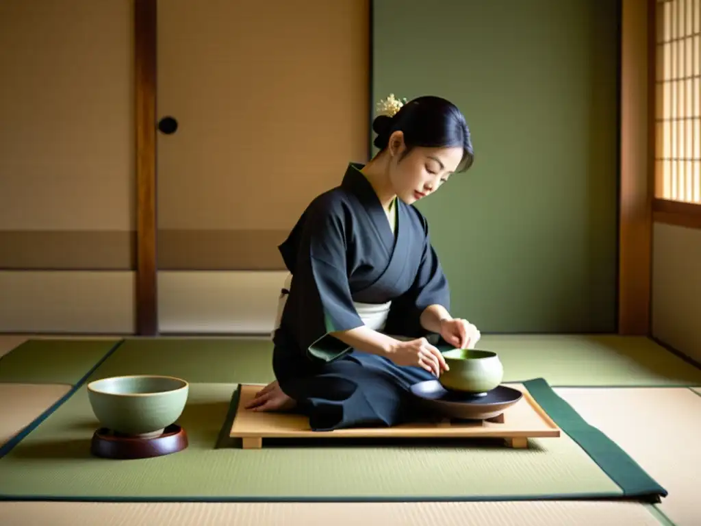 Una ceremonia del té japonesa en una habitación tatami serena y minimalista, rodeada de lujo asiático de la era feudal