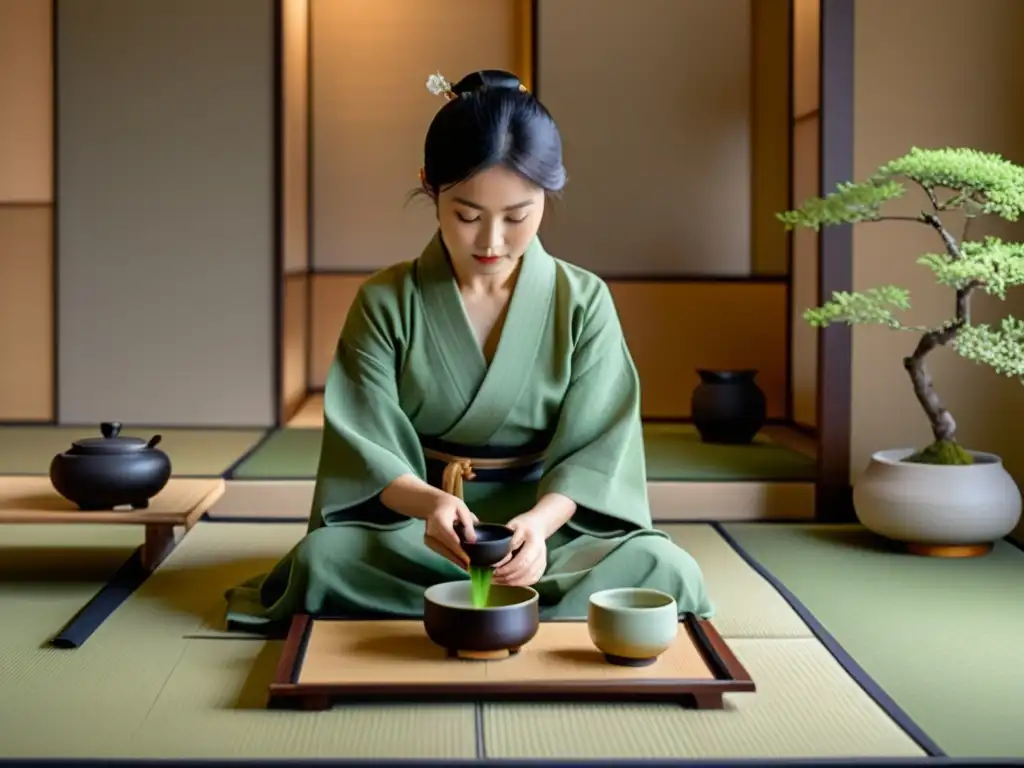 Una ceremonia del té japonesa en una serena habitación tatami