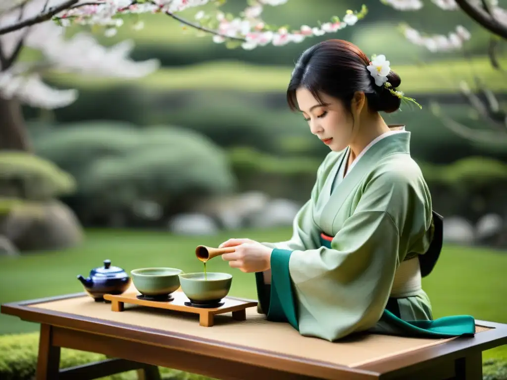 Una ceremonia del té japonesa en un jardín sereno con detalles meticulosos y un ambiente armonioso