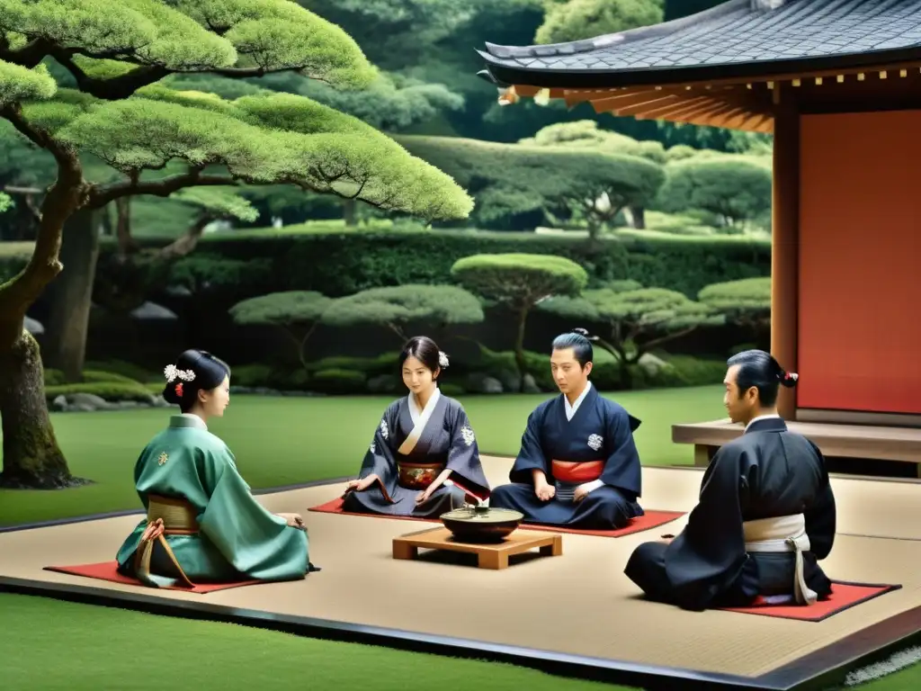 Una ceremonia del té japonesa en un jardín sereno, con dignatarios vestidos con rol samurái en diplomacia, en una atmósfera solemne y tranquila