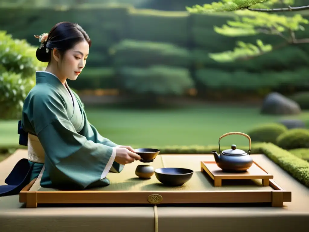 Una ceremonia del té japonesa en un jardín sereno, capturando la elegancia y el significado cultural del samurái solitario reseña libro