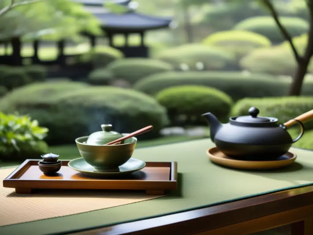 Una ceremonia del té japonesa en un jardín sereno, destacando la elegancia de los utensilios y el rol samurái en diplomacia