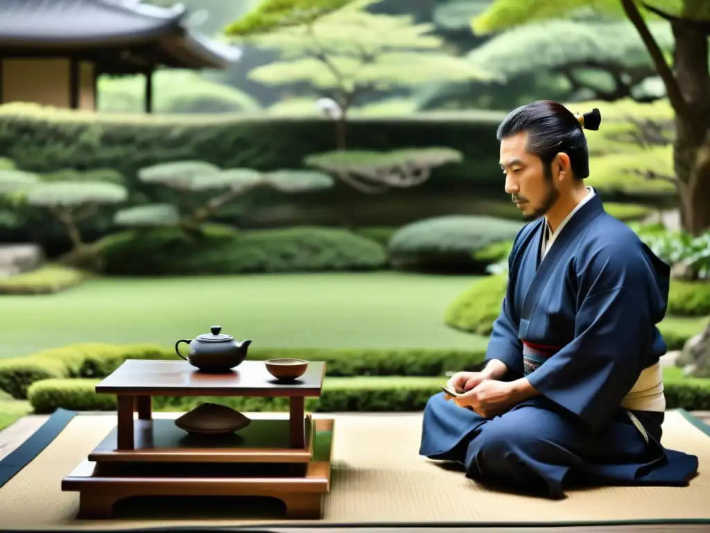 Una ceremonia del té japonesa en un jardín sereno, con un señor samurái y sus invitados