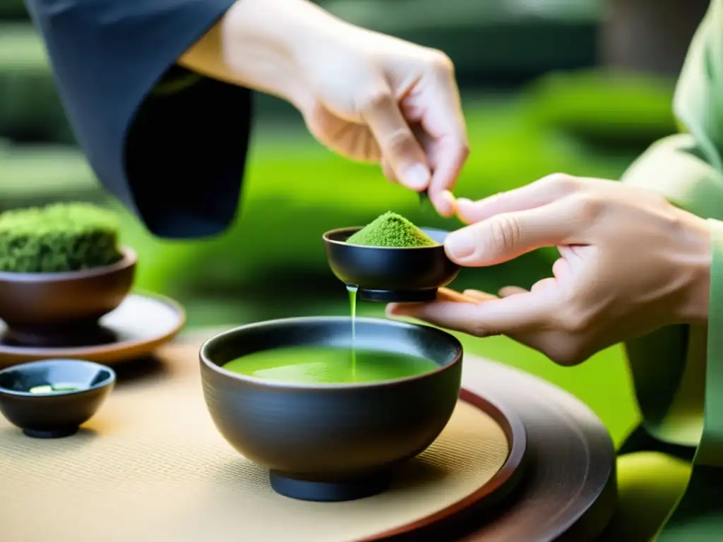 Una ceremonia del té japonesa en un jardín sereno, destacando la lealtad y las relaciones personales de la práctica samurái