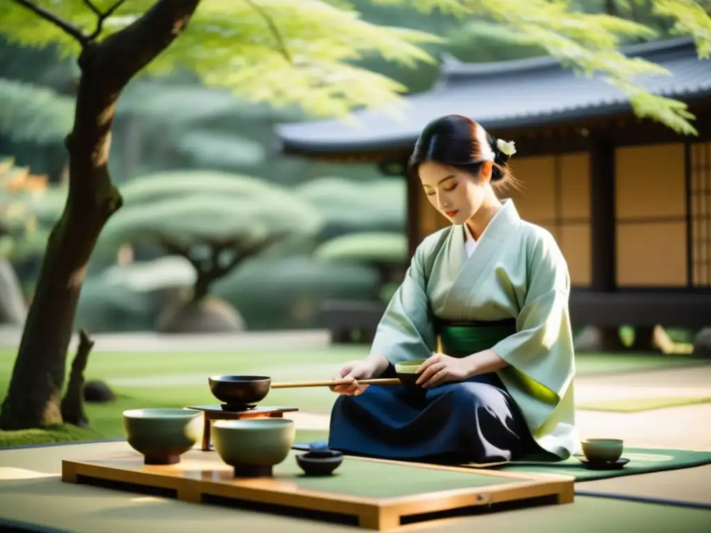 Una ceremonia del té japonesa en un jardín sereno, con luz suave, kimonos elegantes y una conexión profunda al Budismo en rutas comerciales samuráis