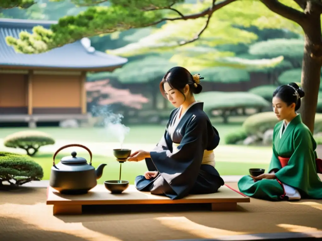 Una ceremonia del té japonesa en un jardín sereno, con un maestro samurái vertiendo té con gracia