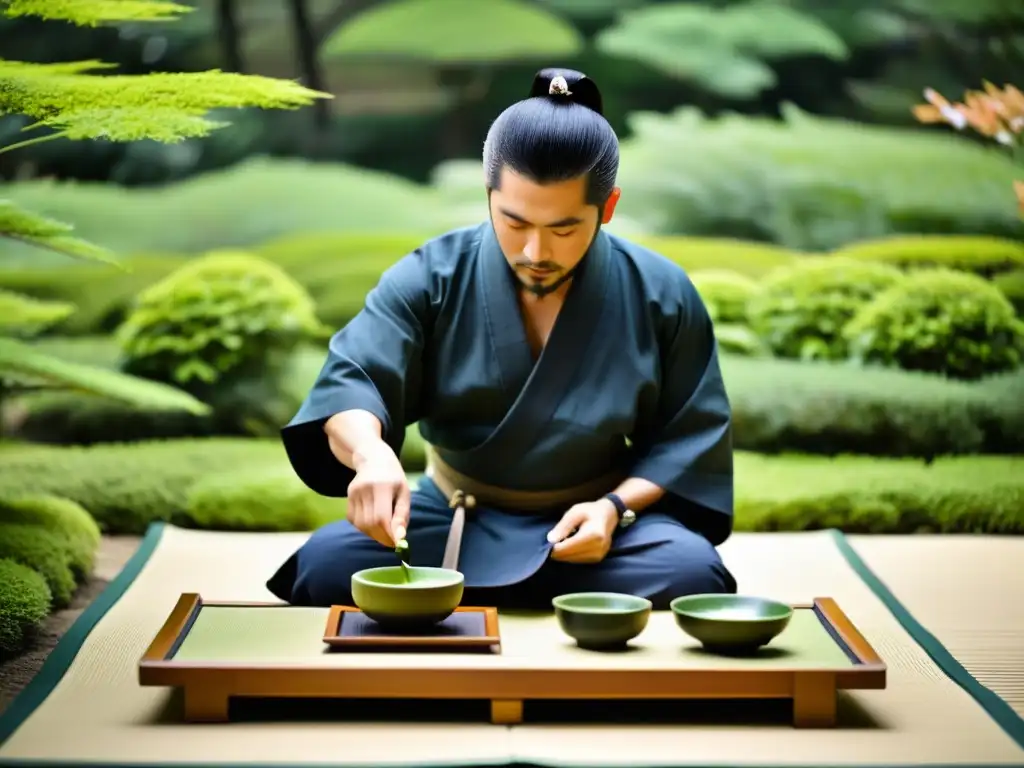 Una ceremonia del té japonesa en un sereno jardín, con un maestro sirviendo matcha a los invitados