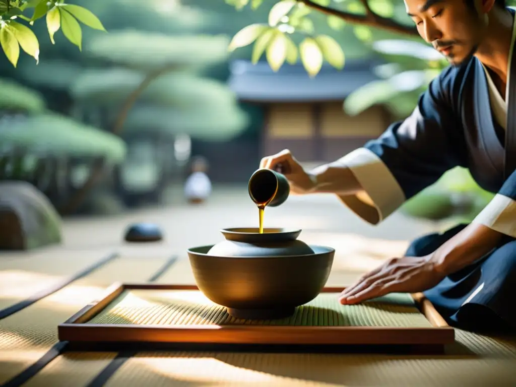 Una ceremonia del té japonesa en un jardín sereno, con movimientos precisos y elegante cerámica