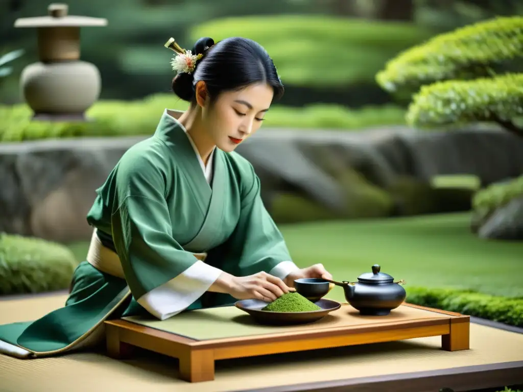 Una ceremonia del té japonesa en un jardín sereno, destacando los movimientos del maestro del té al preparar y servir matcha