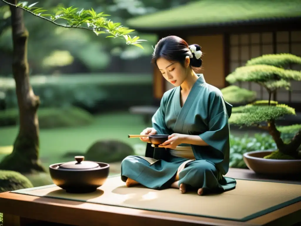 Una ceremonia del té japonesa en un jardín sereno, destacando movimientos precisos