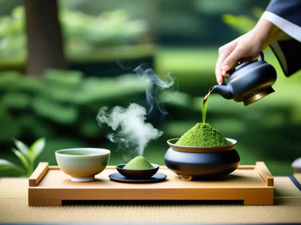 Serena ceremonia del té japonés con maestro en kimono Una ceremonia del té japonesa en un jardín sereno, con la preparación meticulosa de té matcha por un maestro del té con kimono