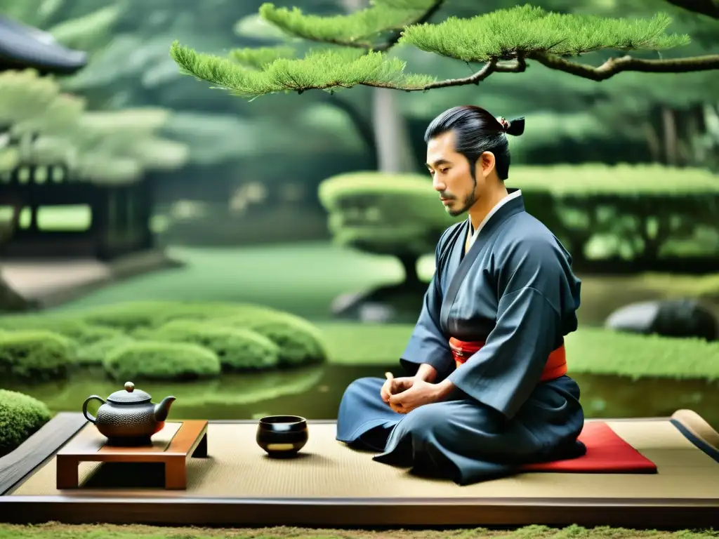 Una ceremonia del té japonesa en un jardín sereno, con un samurái observando respetuosamente