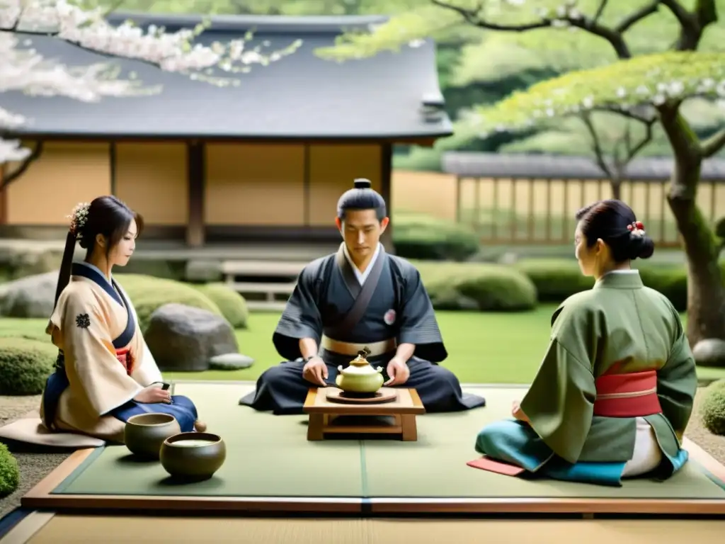 Ceremonia del té japonesa en jardín sereno con samuráis observando atentamente, influenciada por la ética samurái y confucianismo