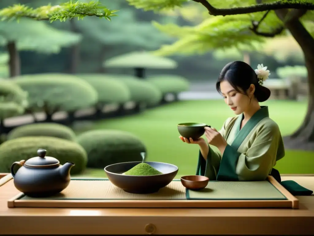 Una ceremonia del té japonesa en un jardín sereno, con gastronomía samurái tradicional y ambiente meditativo