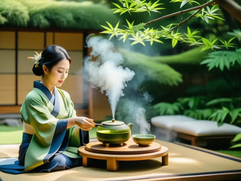 Una ceremonia del té japonesa en un sereno jardín de bambú