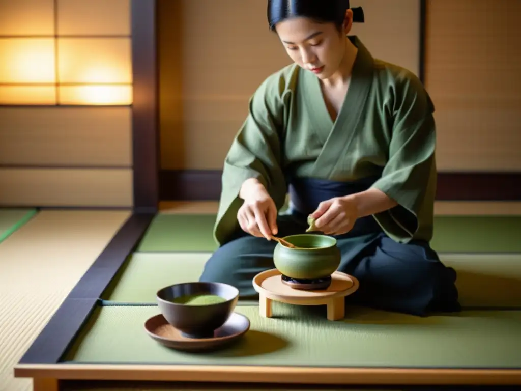 Una ceremonia del té japonesa en un tatami sereno, capturando la esencia de los festivales samuráis gastronomía japonesa