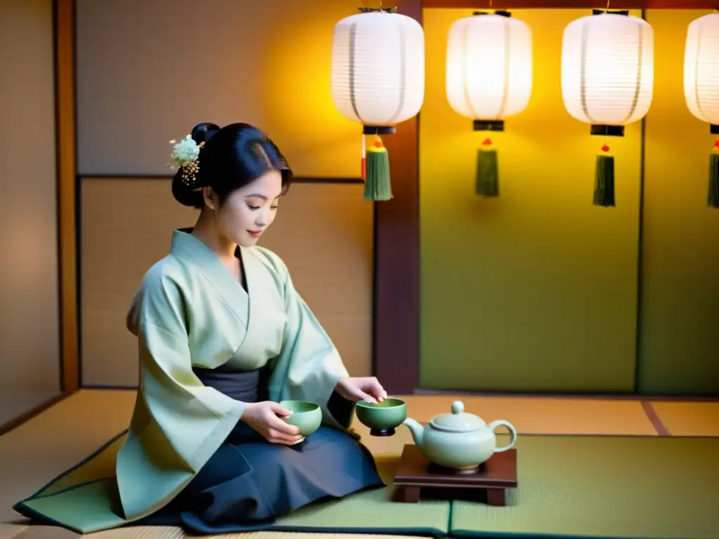 Una ceremonia del té japonesa tradicional con una anfitriona en kimono vertiendo té matcha en tazas de cerámica, iluminada por faroles de papel