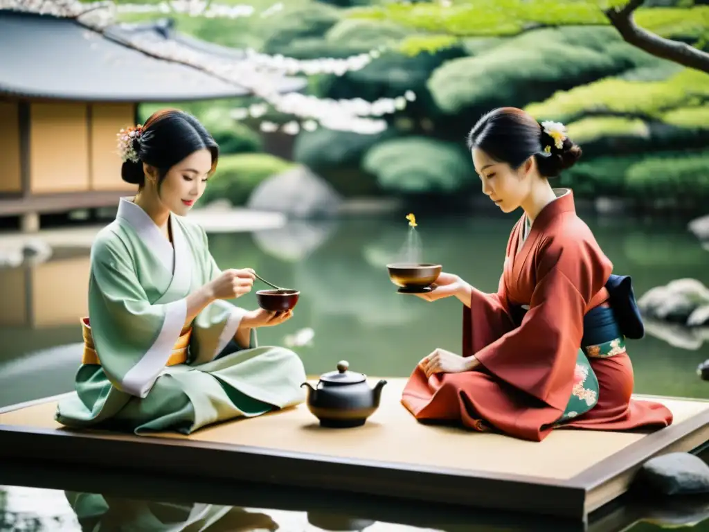 Una ceremonia de té japonesa tradicional en un apacible jardín, con un samurái y su esposa vestidos con elegantes kimonos