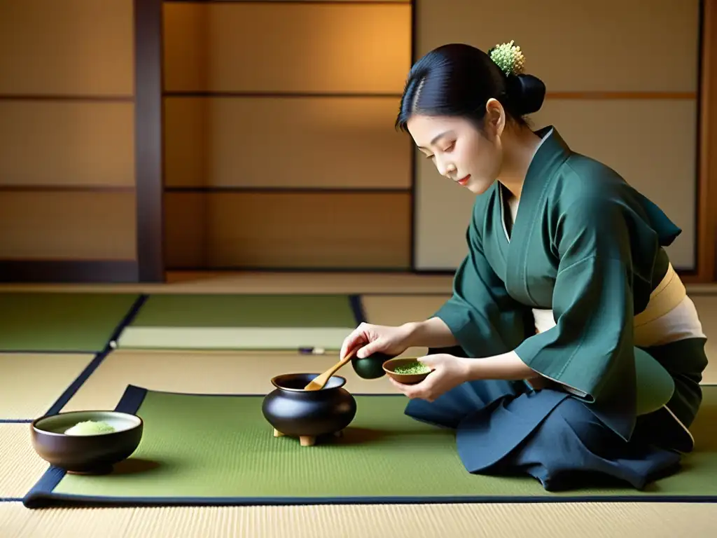 Una ceremonia del té japonesa tradicional se lleva a cabo en una serena habitación de tatami