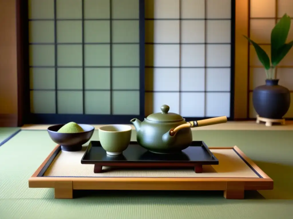 Una ceremonia del té japonesa tradicional se lleva a cabo en una serena habitación de tatami