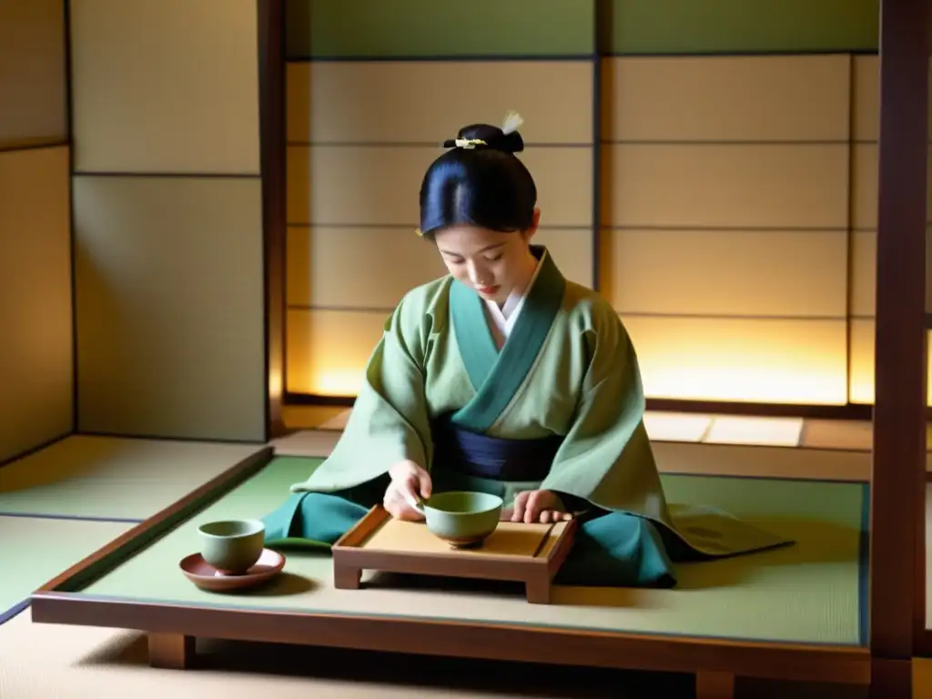 Una ceremonia del té japonesa tradicional se lleva a cabo en una serena habitación con tatamis