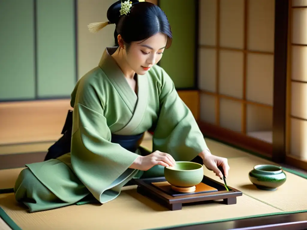 Una ceremonia de té japonesa tradicional se lleva a cabo en una hermosa sala de tatamis, con una meticulosa preparación y una atmósfera serena